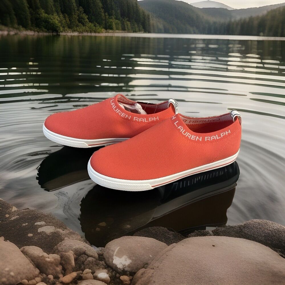 Ralph Lauren Womens Slide-on 8.5 Orange Canvas Athletic Tennis Sneakers Shoes